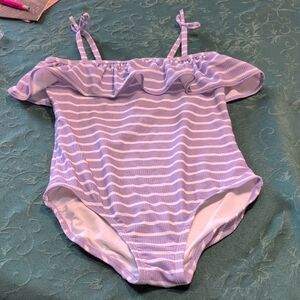 Hanna Andersson Lilac and White Striped Ruffle Swimsuit